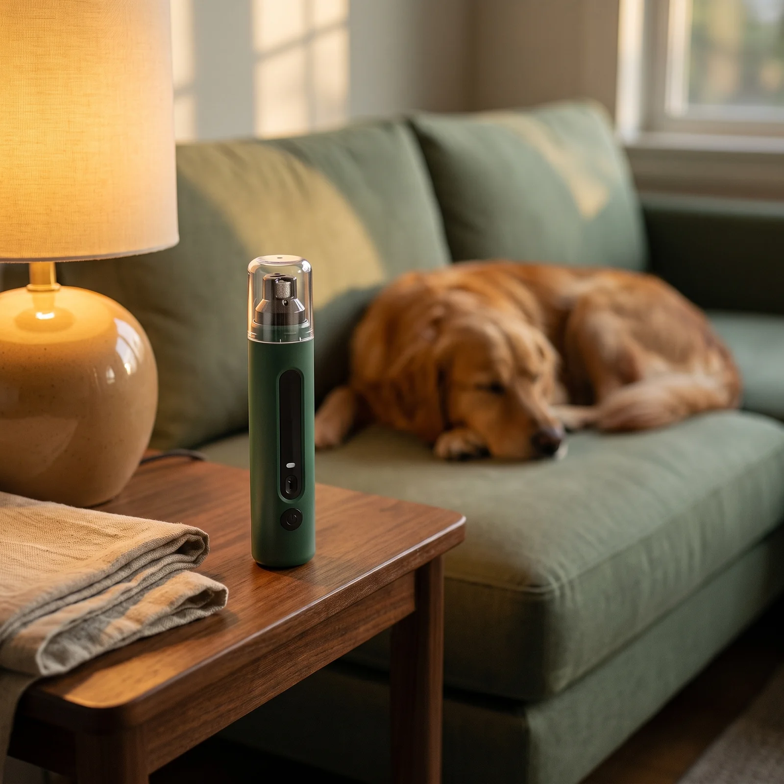 The grinder on a wooden side table beside a lamp while a dog sleeps on the couch behind it